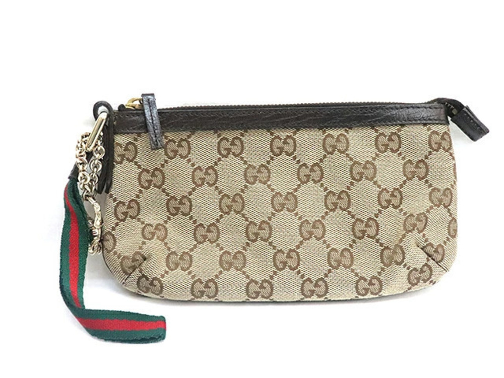 Gucci GG Accessory Pouch Clutch Dark Brown Beige Cream Canvas Calfskin